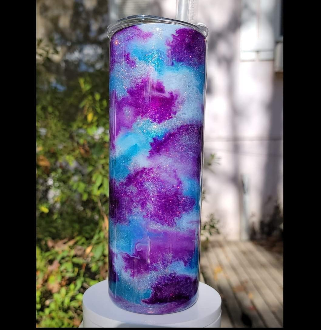 20oz epoxy blue/purple ink glitter tumbler
