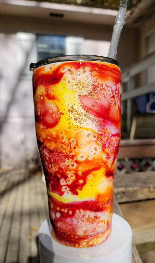 30 oz Epoxy orange/red/yellow ink/glitter tumbler